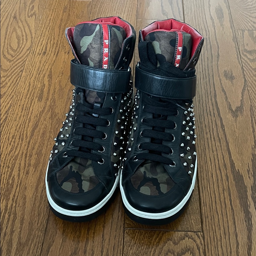 Prada Black and Red Camouflage Studded Sneakers